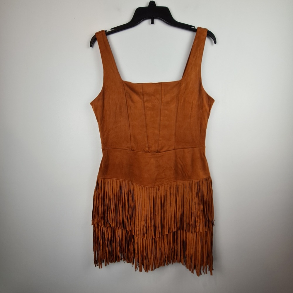 Trixxi Womens XL Cognac Brown Faux Suede Fringe Hem Mini Dress Sleeveless Sexy